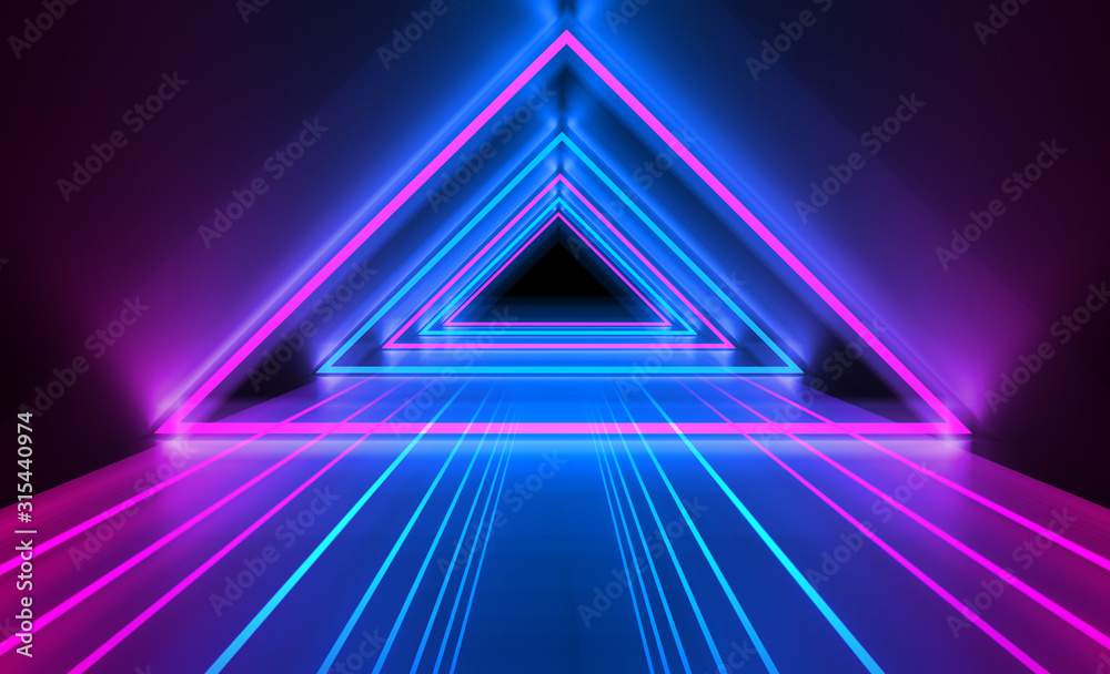 Empty dark abstract background. Background of empty show scene. Glow of neon lights and neon figures on an empty concert stage. Reflection of light on the pavement. - obrazy, fototapety, plakaty 