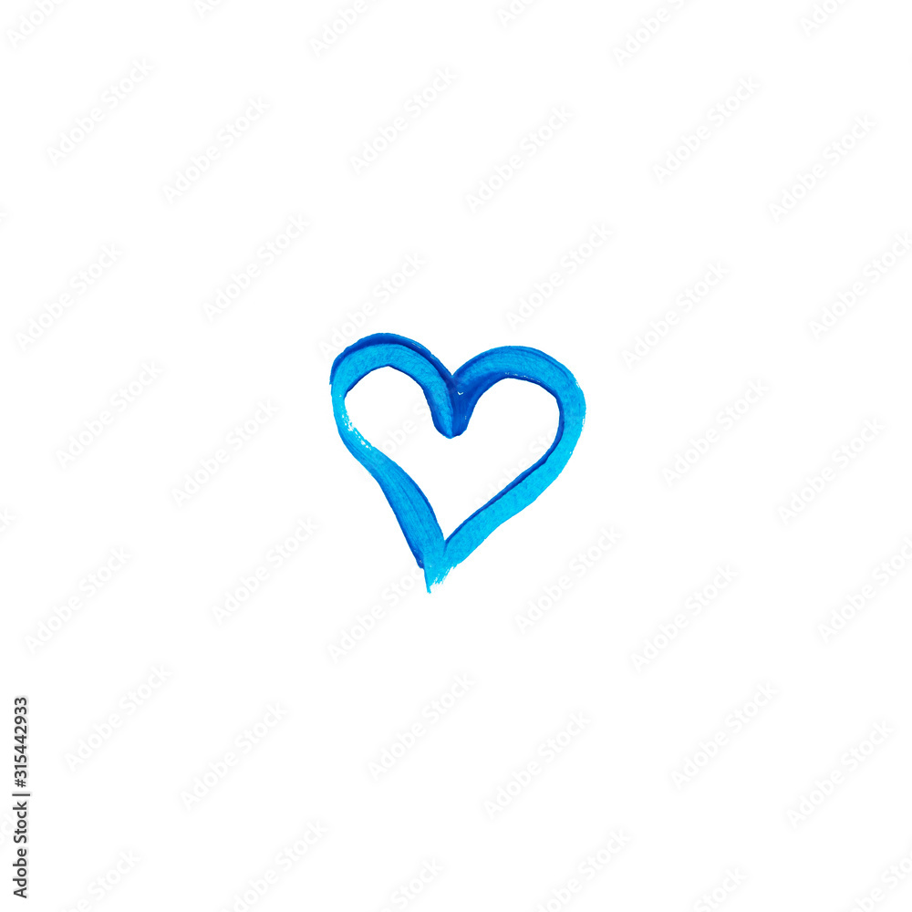 Blue heart hand drawn with acrylic paint isolated on white background. Love symbol in trendy classic blue color. Valentines day background. Mockup