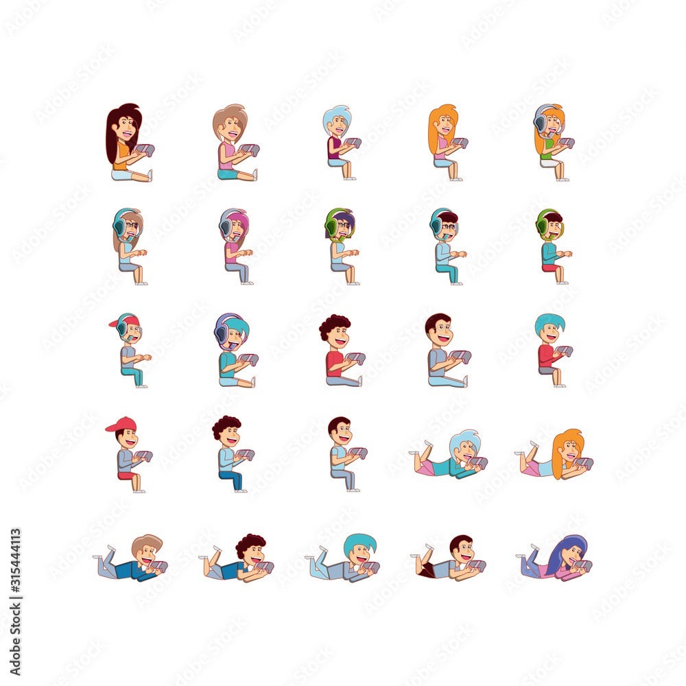 Isolated boys and girls with videogame control icon set vector design Isolated boys and girls with videogame control icon set vector design