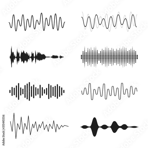Set of sound waves. Analog and digital line waveforms. Musical sound waves, equalizer and recording concept. Electronic sound signal, voice recording