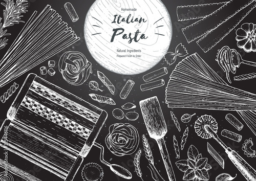 Italian pasta top view frame. Hand drawn vector illustration. Collection of pasta different types. Italian food design template. Engraved sketch style.