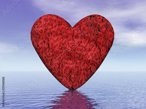 Heart full of roses over the ocean for Valentine's Day - 3D render