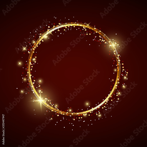 Abstract magical glowing golden banner.Magic circle. Merry Christmas. Round gold shiny frame with light bursts. Gold dust on celebratory banner