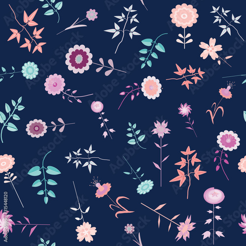Pink and purple flowers seamless pattern. Vector illustration of cute flowers on dark blue background