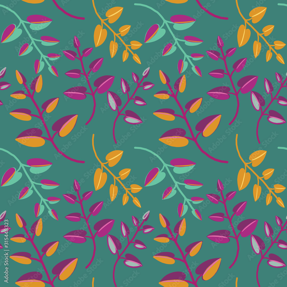 Leaves seamless pattern. Vector illustration of yellow and pink leaves on turquoise background