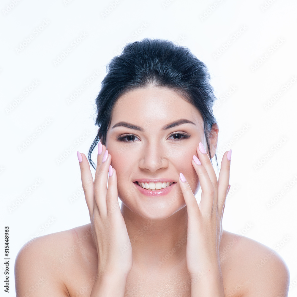 Beauty Woman face Portrait. Beautiful Spa model Girl with Perfect Fresh Clean Skin. Female looking at camera and smiling. Beauty Woman face Portrait. Beautiful Spa model Girl with Perfect Fresh Clean Skin. Female looking at camera and smiling.