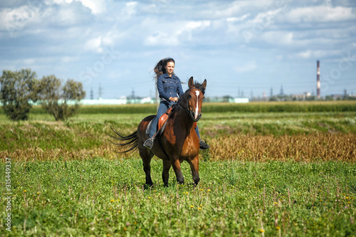 girl in jeans rides a horse in a field in summer