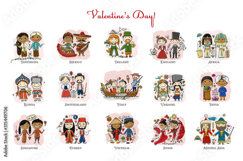 Couple in love, national costume. Valentine day in different countries, cards collection for your design