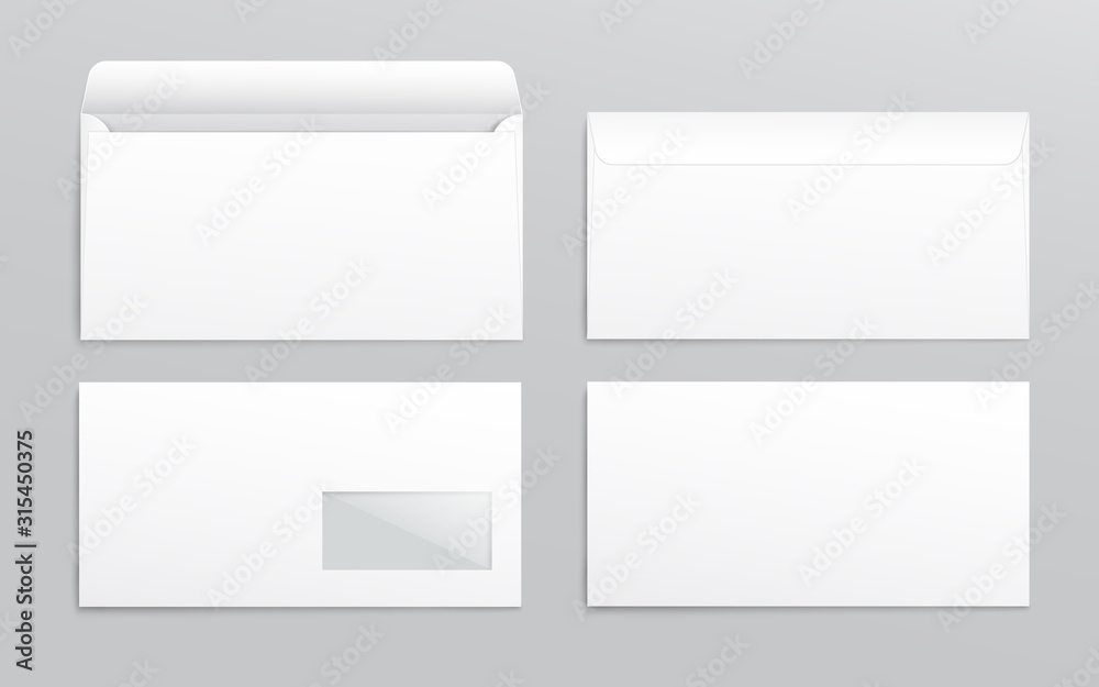 Realistic envelope. DL blank stationery mockup, open closed front and back letter view, corporate business template. Vector Illustration Realistic envelope. DL blank stationery mockup, open closed front and back letter view, corporate business template. Vector Illustration