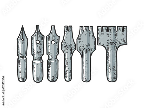 Nib pen set sketch engraving vector illustration. T-shirt apparel print design. Scratch board style imitation. Black and white hand drawn image.