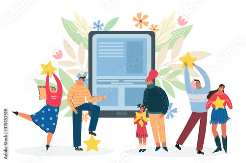 Leaving feedback, customer review rating concept. People holding stars in hands rate app, or service on tablet or smartphone. Know your client: clients of different ages, tastes.