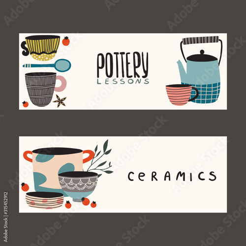 Hand made pottery illustration for home and restaurant. Ceramics or pottery lessons banner to promote your studio. Authentic kitchen cookware and utencils. Isolated porcelain, crockery, earthenware.