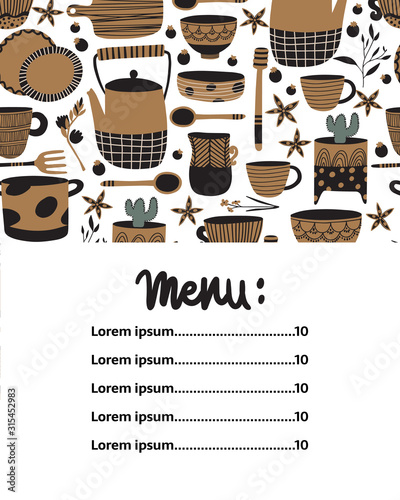 Hand made pottery vector menu for cafe and restaurant. Ceramics or pottery banner to promote your place. Authentic kitchen cookware and utencils. Isolated porcelain, crockery, earthenware.