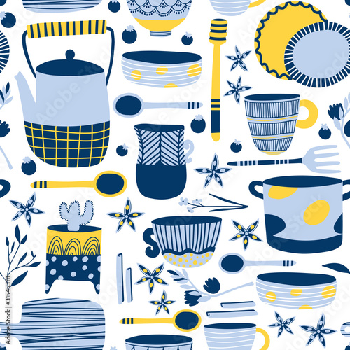 Hand made pottery seamless pattern. Ceramics wallpaper, textile, wrapping paper design good for print. Authentic kitchen cookware and utencils background.