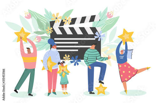 Leaving feedback, customer review rating concept. People holding stars in hands rate film, movie. Know your client: clients of different ages, tastes. Сustomer focus, happy customer flat design.