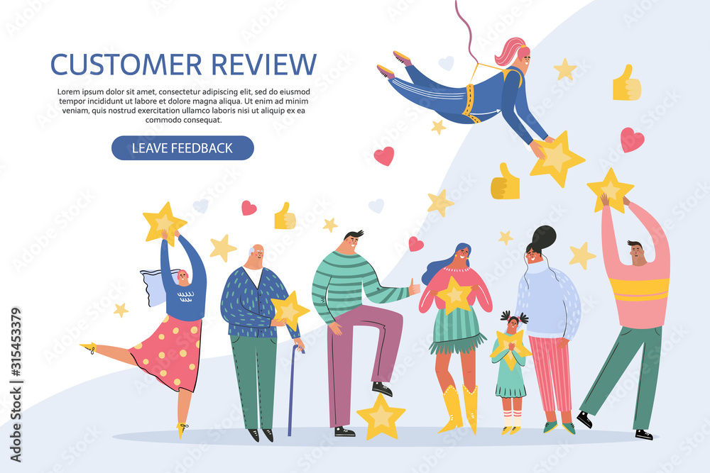 Leaving feedback, customer review rating concept. People holding stars in hands rate app, film, service. Know your client. Сustomer focus, happy customers flat design. Client feedback vector banner. Leaving feedback, customer review rating concept. People holding stars in hands rate app, film, service. Know your client. Сustomer focus, happy customers flat design. Client feedback vector banner.
