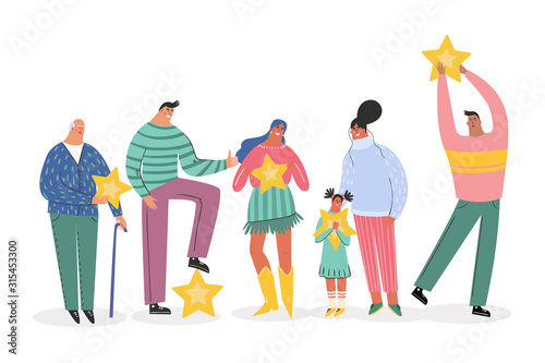 Leaving feedback, customer review rating concept. People holding stars in hands rate app, film, service. Know your client: clients of different ages, tastes. Сustomer focus, happy customers design