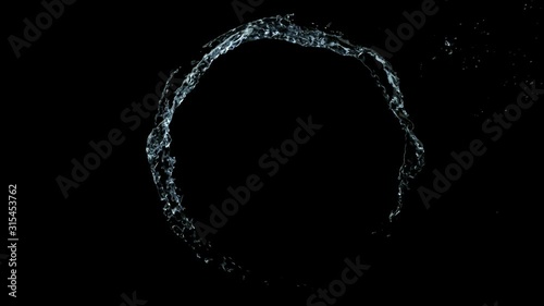 Water Crcle Looping With Reflections onBlack Background, Water Splash Flow, Liquid Wave shape and bubble drop.