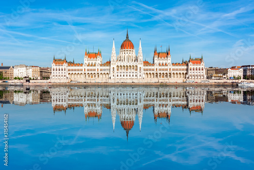 Hungarian Parliament Building reflected in Danube river, Budapest, Hungary