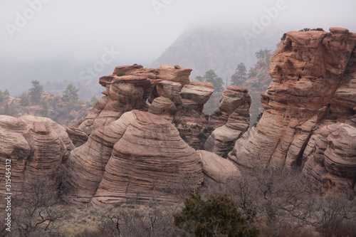 Red sandstone hoodoos are surrounded by fog winter bare oak bushes and a few pine trees on a cold winter day.