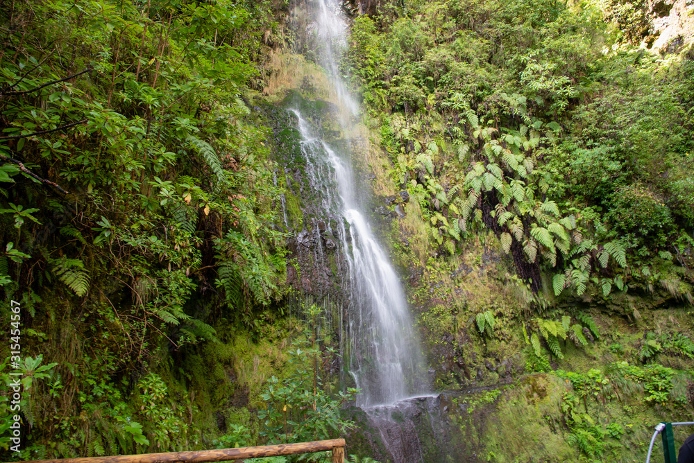 Waterfall beside the hiking trail on the Levada Caldeirao Verde near Santana on the island of Madeira, Portugal.