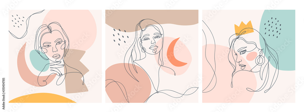 Set of three Modern abstract faces. Contemporary outline female silhouettes. Colored spots. Hand drawn outline trendy vector illustrations. Continuous line, minimalistic concept. Pastel colors - obrazy, fototapety, plakaty 