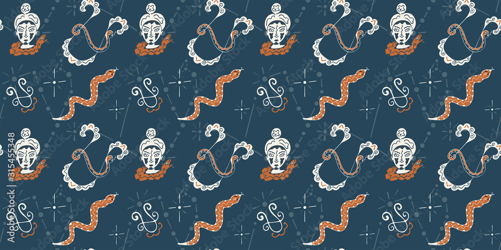 Seamless pattern on the theme of the zodiac sign Ophiuchus. Astrological symbols hand-drawn. For fabric, textile, wrapping paper, scrapbooking, etc. Dark background. Vector. Seamless pattern on the theme of the zodiac sign Ophiuchus. Astrological symbols hand-drawn. For fabric, textile, wrapping paper, scrapbooking, etc. Dark background. Vector.