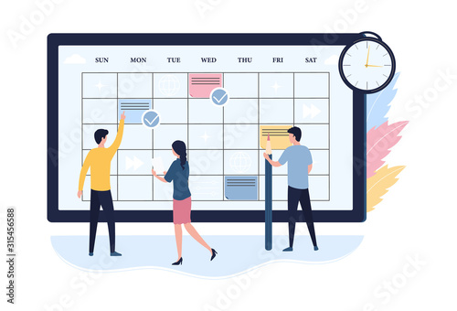 Concept of online schedule planning. Scheduling work for the week, time management, business meetings, calendar. Flat vector illustration on white background. Web banner, infographic, template.
