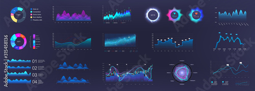 Color dashboard and infographics elements. UI, UX, KIT Admin panel interface with color graphics, charts, infographics and diagrams. Vector illustration. 