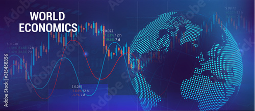 Global economics concept with charts and 3D Earth Globe. Futuristic trading banner. Forex and analog. Financial investment and economic trends. Trade Platform. Vector illustration