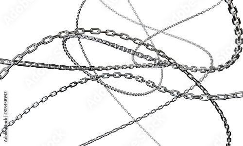 Shiny chains are intertwined on a white background. 3d render. photo
