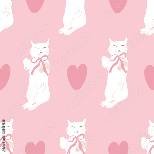 Seamless pattern with  cute white cat. Pink background with hearts. Valentine's day illustration.Romantic decor 
