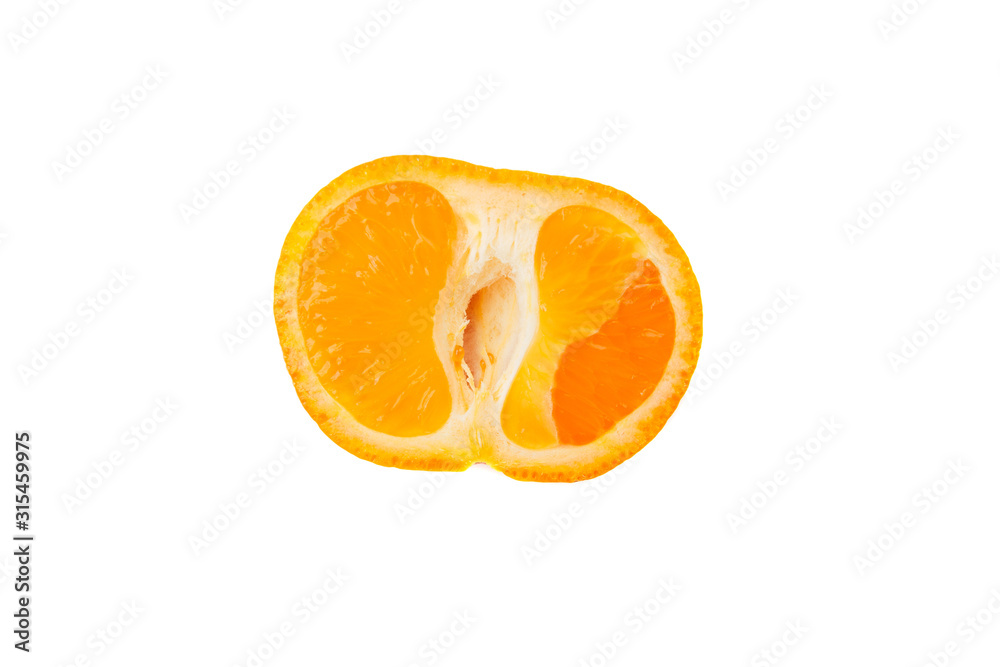 half of ripe orange and tangerine, isolated half of ripe orange and tangerine, isolated