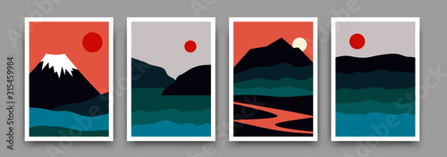 Landscape mountain background poster design. Vector geometric template with mountains, river sea in sunset backdrop. Illustration in trendy asian japanese style