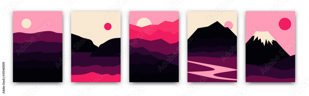 Landscape mountain background poster design. Vector illustration in trendy asian japanese style. Geometric template with mountains, river sea in sunset backdrop flyer shape