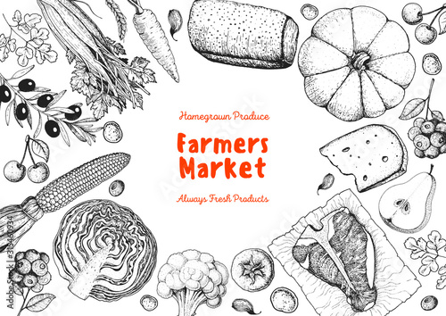 Organic food illustration. Farmers market design elements. Hand drawn sketch. Various food frame. Good food store concept.