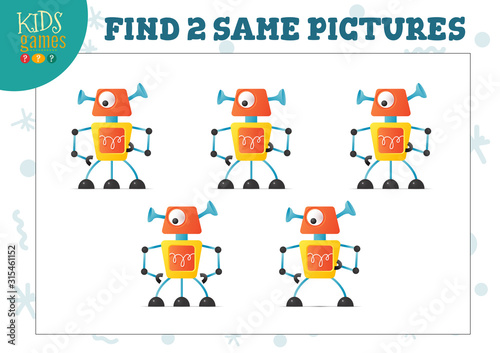 Find two same pictures kids game vector illustration.