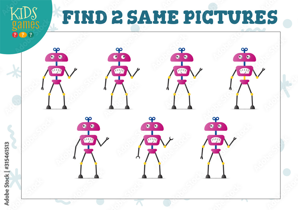 Find two same pictures kids game vector illustration.