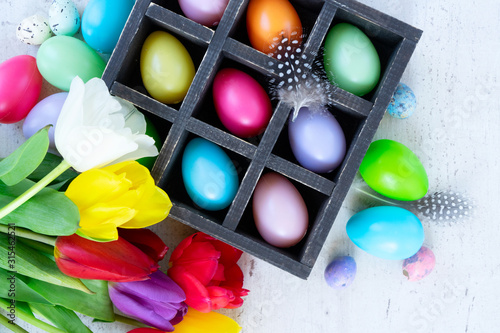 Easter colored eggs with tulips