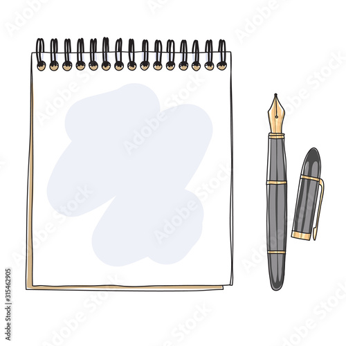 notebook and Fountain writing pen doodle hand drawn vector illustration