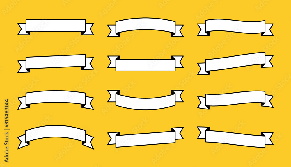 Set different flat vector ribbons banners isolated on yellow background. White strips in origami style Vector illustration design