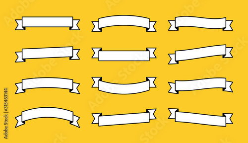 Set different flat vector ribbons banners isolated on yellow background. White strips in origami style Vector illustration design