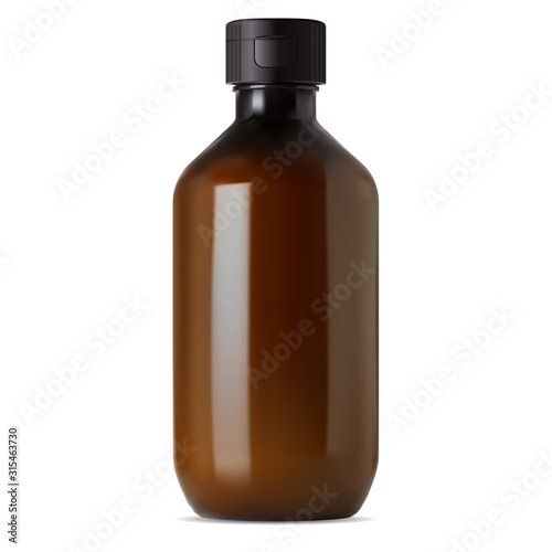Brown glass pharmacy bottle. Medical syrup vial. Liquid drug realistic amber container with screw cap. Translucent medicine flacon for cure. 3d design without label and logo. Cosmetic blank