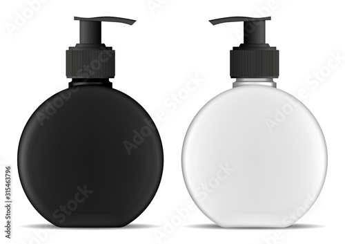 Dispenser bottle. Pump package with batcher for face care and skin treatment. Round plastic cosmetic product mockup blank. 3d vector design of plastic tube for , hand wash, shampoo, gel