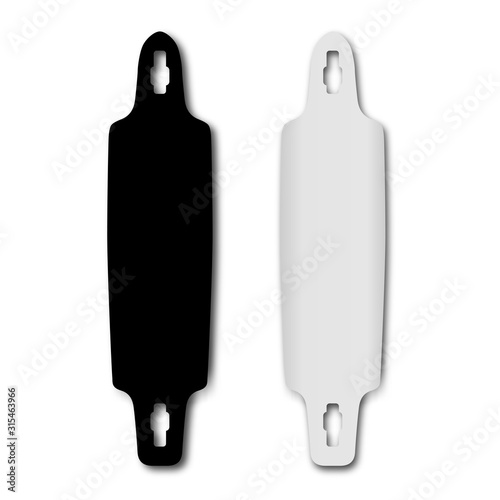 Longboard deck. Long skateboard vector template. Urban design skate silhouette isolated on background. Active skateboarding and longboarding collection for sporty young and adult hipster
