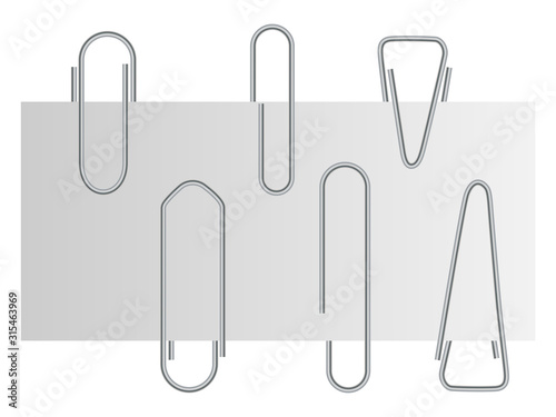 Paper clip. Business office note attach. Metal paperclip element for paperwork. School education notbook attachement supplies. Letter holder shape design. memo page fastener group