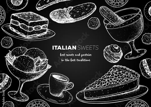 Italian dessert vector illustration. Italian sweet hand drawn sketch. Baking collection Vintage design template. Tiramisu, gelato, torta della nonna, zabaglione, biscotti, zeppole, sfinci illustration
