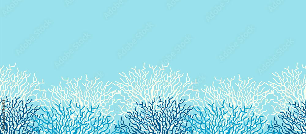 Fototapeta premium Underwater sea life ocean banner background with blue coral reef.