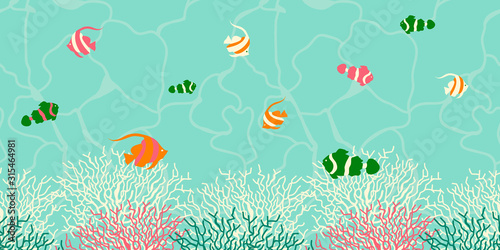 Underwater sea life ocean long banner background with coral reef and fish
