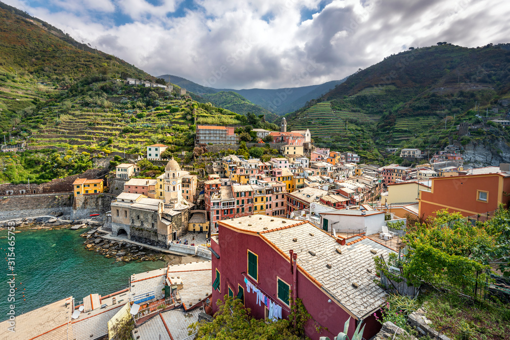 Vernazza village in Cinque Terre coastal area viewed from the castle. Liguria, Italy.